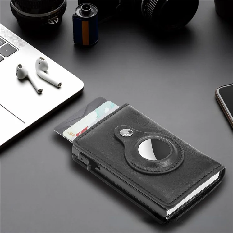 Pop-Up Design RFID Blocking PU Leather+Aluminum Alloy Bank Card Case Bluetooth-compatible Tracker Pouch Wallet - Black