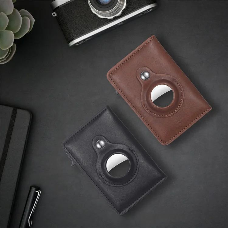 Pop-Up Design RFID Blocking PU Leather+Aluminum Alloy Bank Card Case Bluetooth-compatible Tracker Pouch Wallet - Black