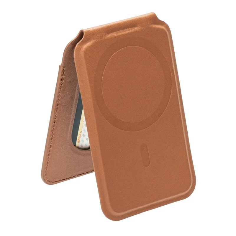 For iPhone 12-15 Series Magnetic PU Leather Card Bag Kickstand Phone Back Card Holder - Brown