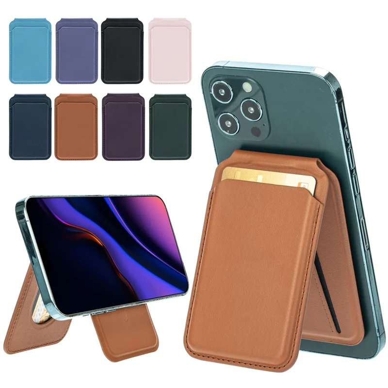 For iPhone 12-15 Series Magnetic PU Leather Card Bag Kickstand Phone Back Card Holder - Brown