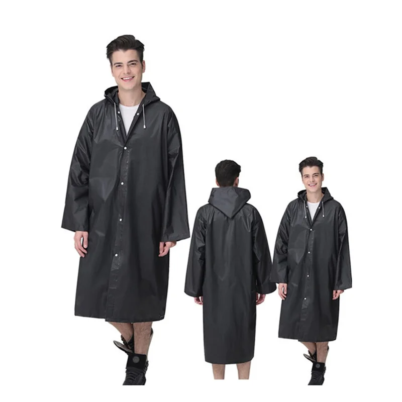 EVA Raincoat Windproof Reusable Unisex Rain Poncho with Hat Hood - Black