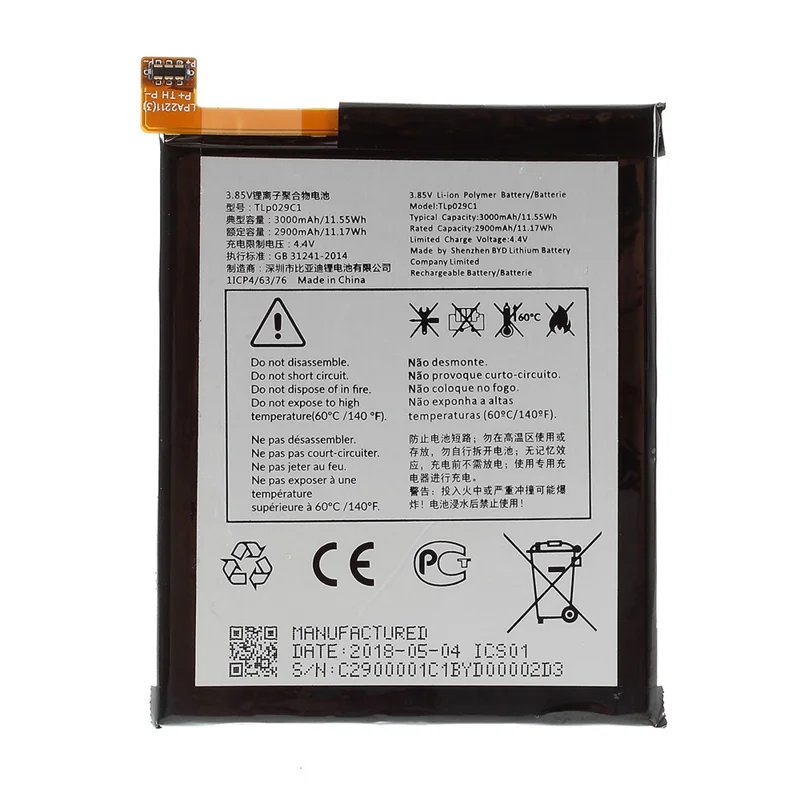Substituição de bateria TLp029C1 TLp029C7 3000mAh para Alcatel 3C (sem logotipo)