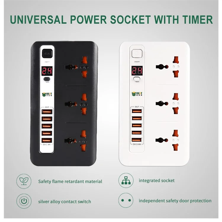 Mejor Configuración de Tiempo de AC BST-04 Power Strip 3 ca Con 5 Puertos de Carga USB Protector de Sobretensión (enchufe de la Ue) - Color Aleatorio