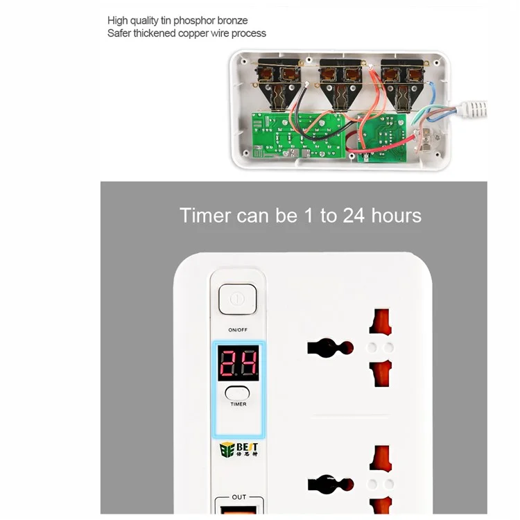 Meilleur BST-04 Power Strip 3 AC Sort Time Réglage Avec 5 Ports de Charge USB Protecteur de Surtension (plug Eu) - Couleur Aléatoire