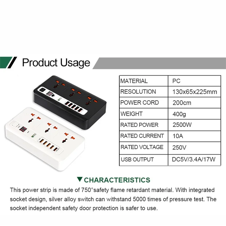 Melhor BST-04 Power Trip 3 Opicações AC Enfiguração Com 5 Portas de Carrego USB Protetor do Surge (plug da Ue) - Cor Aleatória