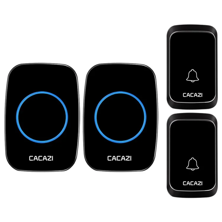 CACAZI A60 Wireless Doorbell Waterproof Door Chime Kit 2 Button with 2 Plug-in Receivers, 58 Chimes - Black / UK Plug