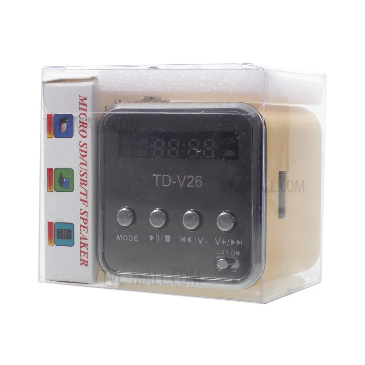 TD-V26 Portable Mini Cubic Shape LCD Screen Display FM Radio Music Speaker - Gold