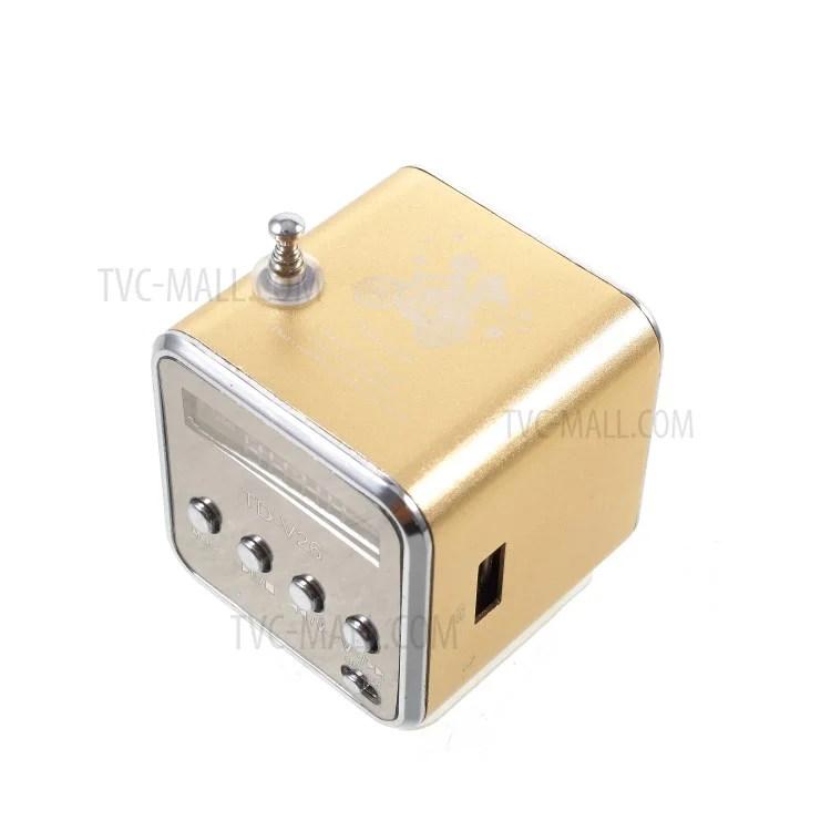 TD-V26 Portable Mini Cubic Shape LCD Screen Display FM Radio Music Speaker - Gold