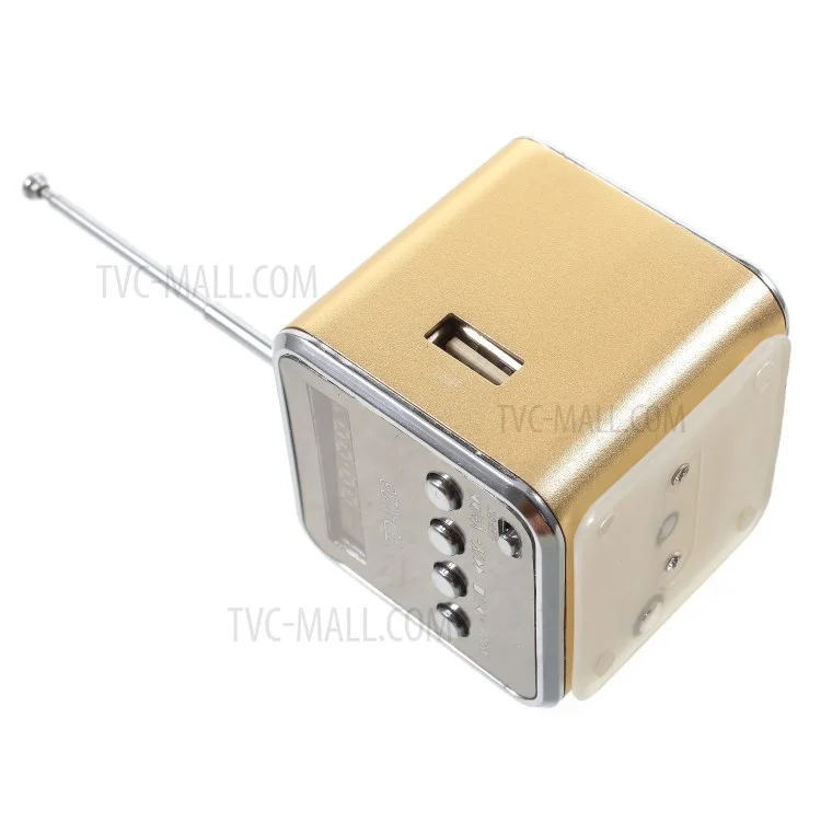 TD-V26 Portable Mini Cubic Shape LCD Screen Display FM Radio Music Speaker - Gold