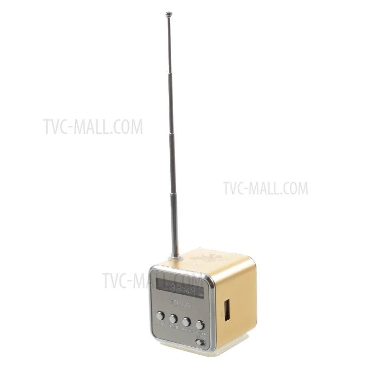 TD-V26 Portable Mini Cubic Shape LCD Screen Display FM Radio Music Speaker - Gold