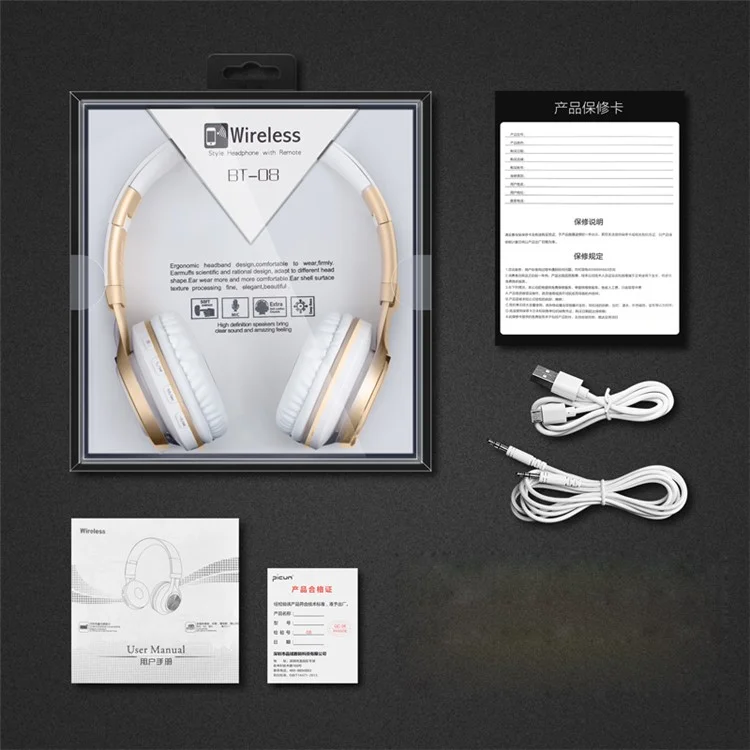 PICUN BT08 Over-ear Wireless Bluetooth Stereo Headset Headphone with Microphone Support FM Radio - White / Rose Gold Color