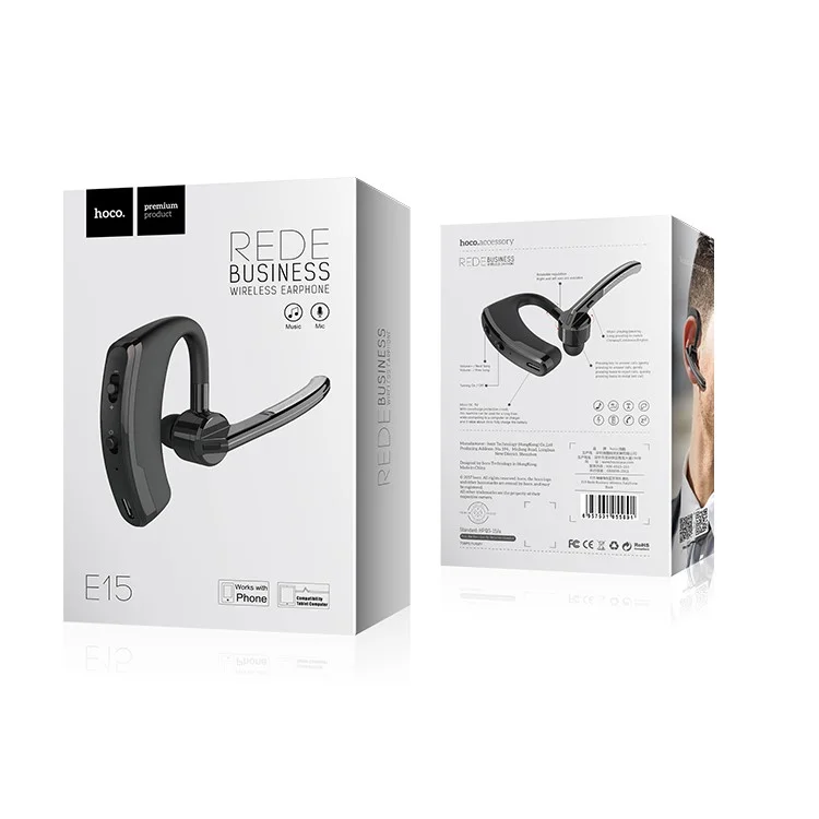HOCO E15 Business Bluetooth 4.1 Hands-free Headset In-ear Earphone for Phone Tablet PC - Black