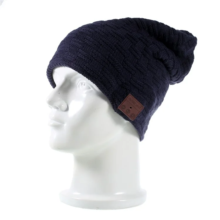 Grid Pattern Knitted Hat Cap Built-in Wireless Bluetooth Headphone & Microphone Support TF Card - Dark Blue