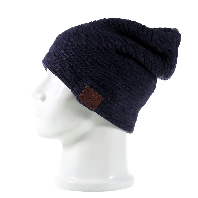 Grid Pattern Knitted Hat Cap Built-in Wireless Bluetooth Headphone & Microphone Support TF Card - Dark Blue