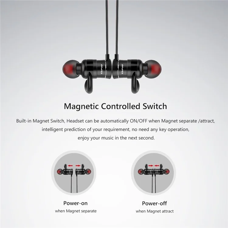 AWEI AK5 Intelligent Magnetic Control Bluetooth Earphone Headset with Microphone - Black