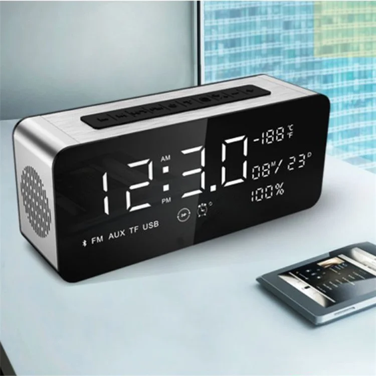 A10 12W Radio Alarm Clock Bluetooth Speaker with Thermometer HD Sound Digital 9.4" LED Display with Aux TF USB Ports