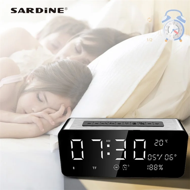 A10 12W Radio Alarm Clock Bluetooth Speaker with Thermometer HD Sound Digital 9.4" LED Display with Aux TF USB Ports
