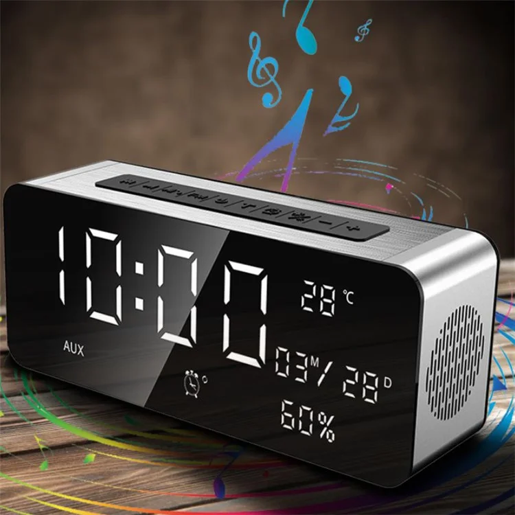 A10 12W Radio Alarm Clock Bluetooth Speaker with Thermometer HD Sound Digital 9.4" LED Display with Aux TF USB Ports