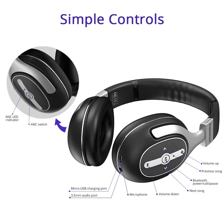 TRONSMART Encore S6 Active Noise Cancelling Bluetooth Headphones with Mic & 3.5mm Jack for iPhone Samsung etc