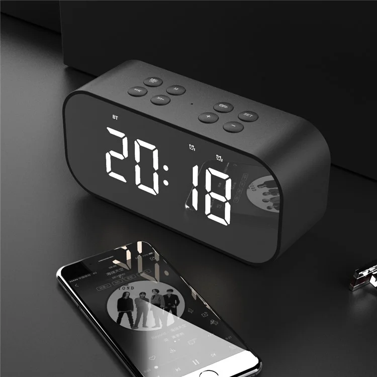 Black - AEC BT501 Portable Bluetooth-compatible 5.0 Speaker with Large LED Display Clock Mirror Support Aux-in/TF Card