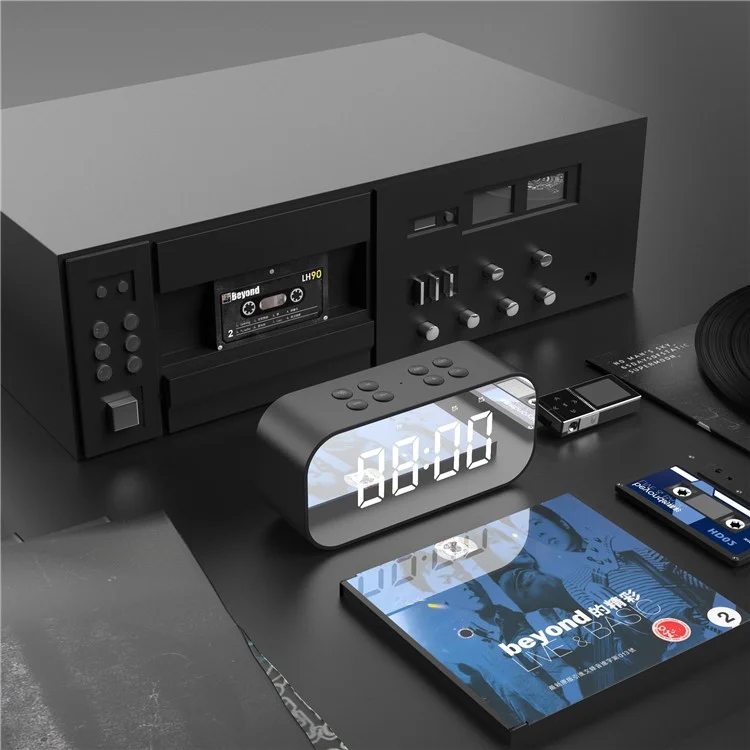 Black - AEC BT501 Portable Bluetooth-compatible 5.0 Speaker with Large LED Display Clock Mirror Support Aux-in/TF Card