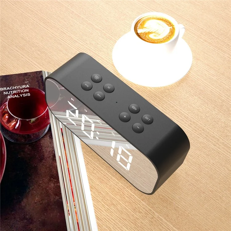 Black - AEC BT501 Portable Bluetooth-compatible 5.0 Speaker with Large LED Display Clock Mirror Support Aux-in/TF Card