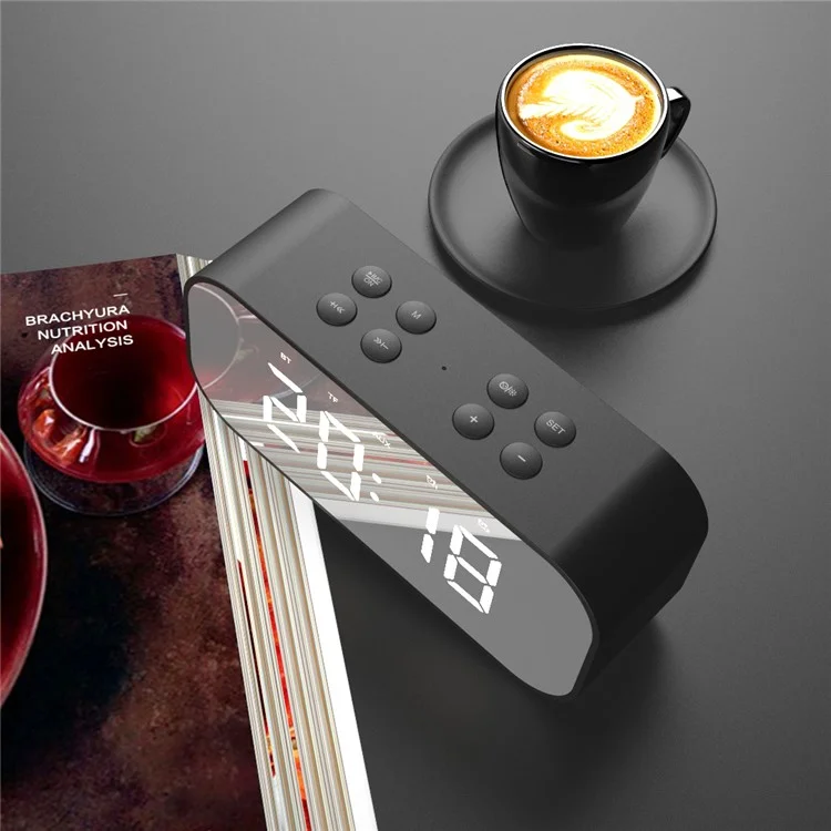 Black - AEC BT501 Portable Bluetooth-compatible 5.0 Speaker with Large LED Display Clock Mirror Support Aux-in/TF Card