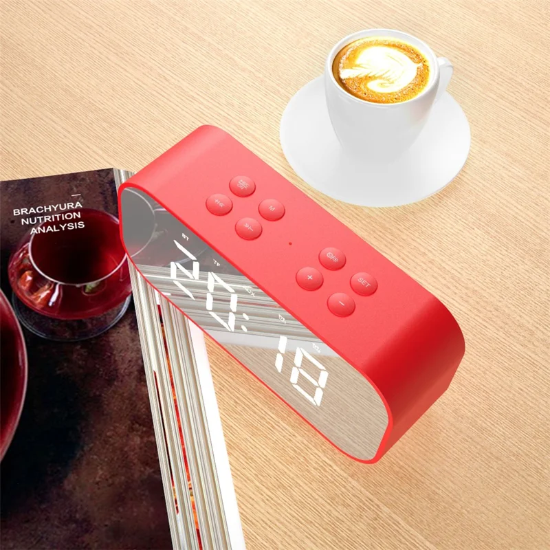 Red - AEC BT501 Portable Bluetooth-compatible 5.0 Speaker with Large LED Display Clock Mirror Support Aux-in/TF Card