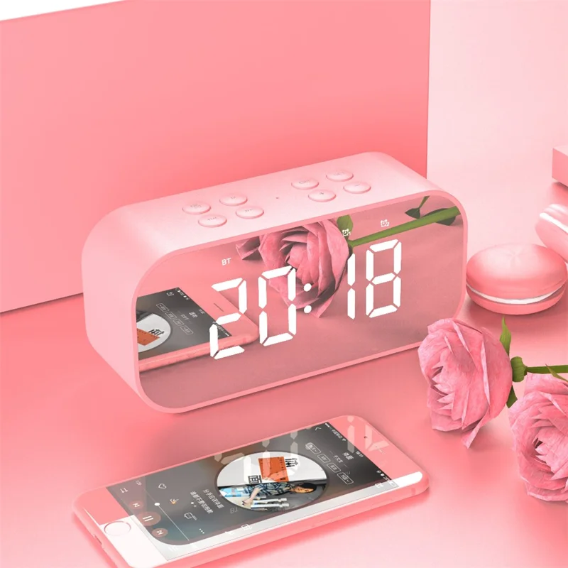 Pink - AEC BT501 Portable Bluetooth-compatible 5.0 Speaker with Large LED Display Clock Mirror Support Aux-in/TF Card