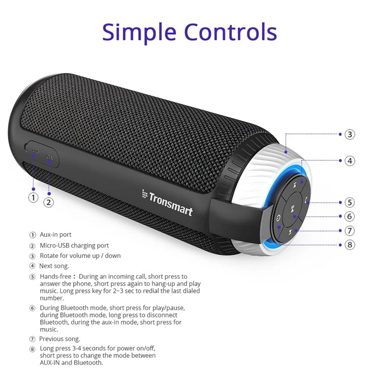TRONSMART Element T6 DSP Sound Bluetooth Wireless Speaker Supports Aux-input with Mic - Black