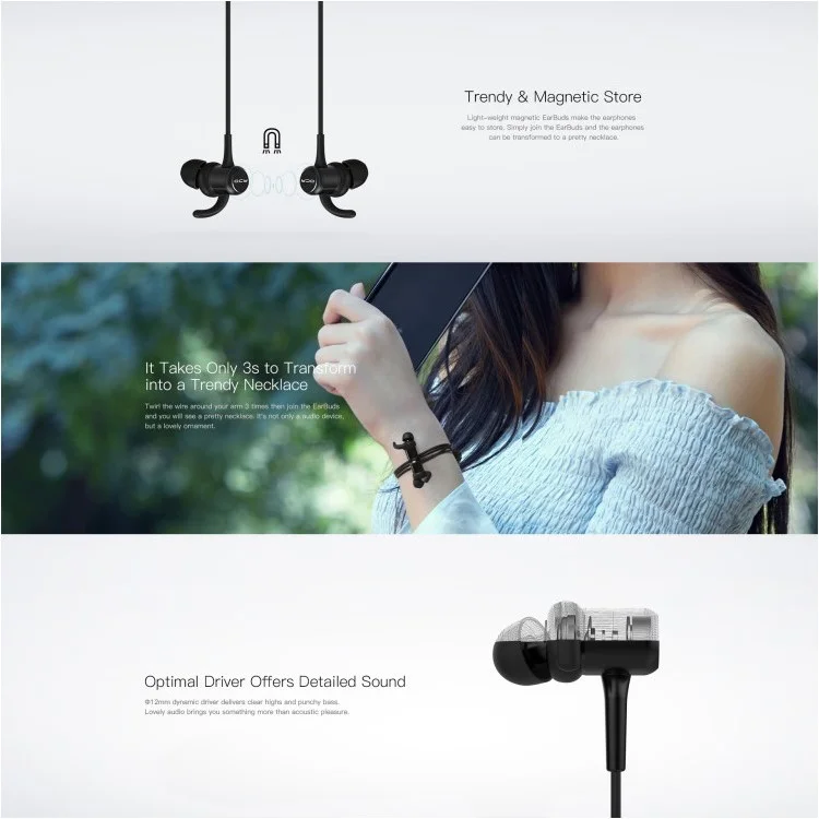 QCY M1C Magnetic Attraction Stereo Bluetooth Sports Headset with Mic for iPhone Samsung Huawei Etc. - Rose