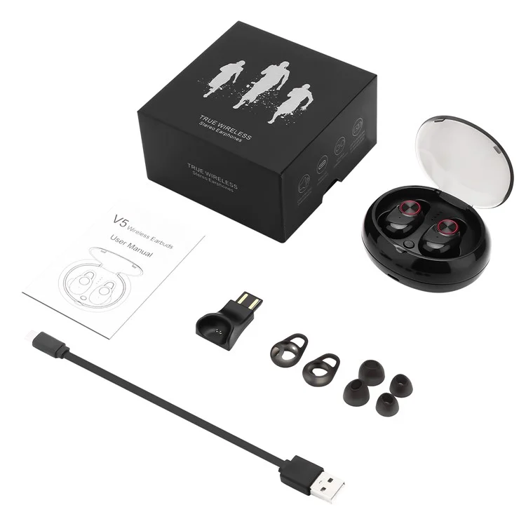 V5 TWS True Wireless Sweatproof Earbuds Bluetooth 4.2 In-ear Earphones with Charging Case - Black