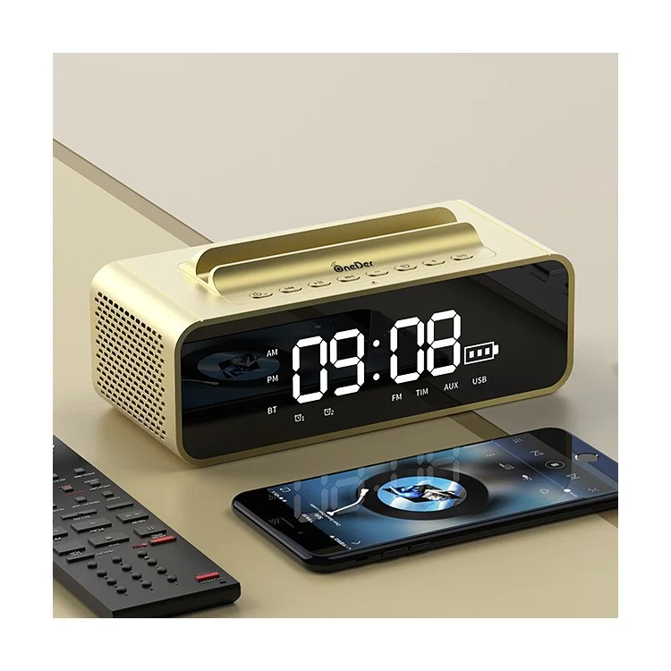 Smart Wireless Bluetooth Audio Bedside Alarm Clock Phone Bracket Speaker FM Radio Desktop Home Clocks - Gold