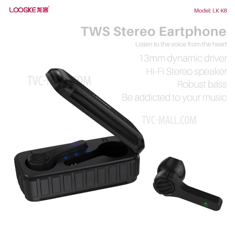 LOOGKE K8 TWS Wireless Bluetooth-compatible Earphones Noise Reduction Waterproof Stereo Earbuds Sports Headset - Black