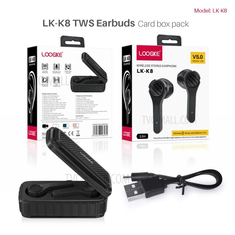 LOOGKE K8 TWS Wireless Bluetooth-compatible Earphones Noise Reduction Waterproof Stereo Earbuds Sports Headset - Black