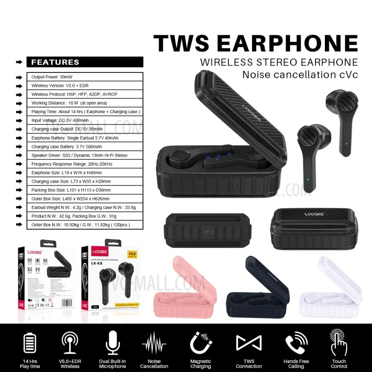 LOOGKE K8 TWS Wireless Bluetooth-compatible Earphones Noise Reduction Waterproof Stereo Earbuds Sports Headset - Black