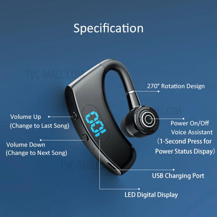 V12 Business Single Ear Digital Display Wireless Earhook Bluetooth-compatible Headset Hands-free Call Earphone with Charging Case - White