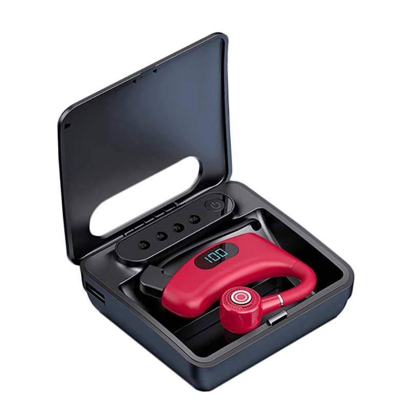 V12 Business Single Ear Digital Display Wireless Earhook Bluetooth-compatible Headset Hands-free Call Earphone with Charging Case - Red