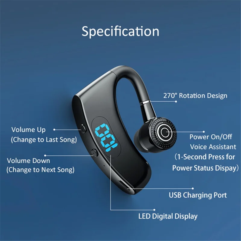 V12 Business Single Ear Digital Display Wireless Earhook Bluetooth-compatible Headset Hands-free Call Earphone with Charging Case - Red