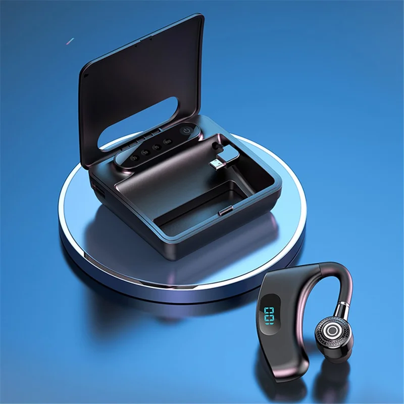 V12 Business Single Ear Digital Display Wireless Earhook Bluetooth-compatible Headset Hands-free Call Earphone with Charging Case - Red