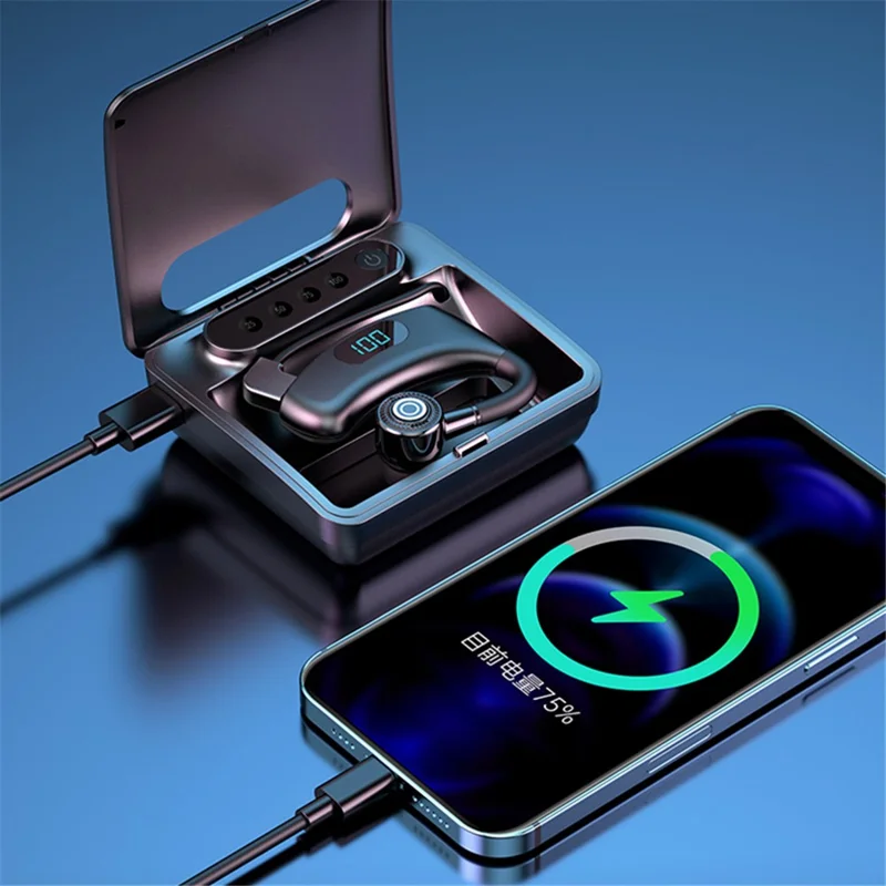 V12 Business Single Ear Digital Display Wireless Earhook Bluetooth-compatible Headset Hands-free Call Earphone with Charging Case - Red