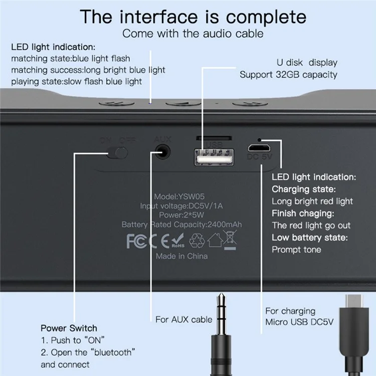 YESIDO YSW05 Stereo Ricaricabile Bass Bluetooth 5.0 Supporto Subwoofer Per Subwoofer Per Lettore Musicale TF U-Disk