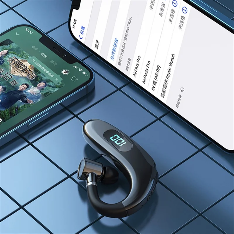 Q20 Wireless Bluetooth-compatible Headphones with LED Digital Display Single Ear Hook Earphones - Blue