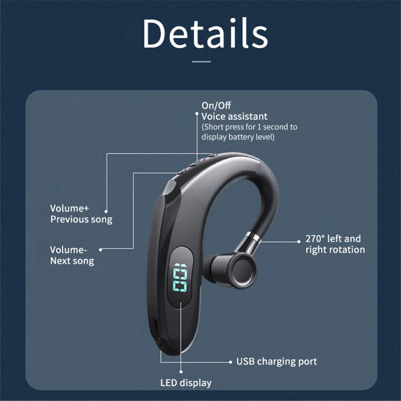 Q20 Wireless Bluetooth-compatible Headphones with LED Digital Display Single Ear Hook Earphones - Blue