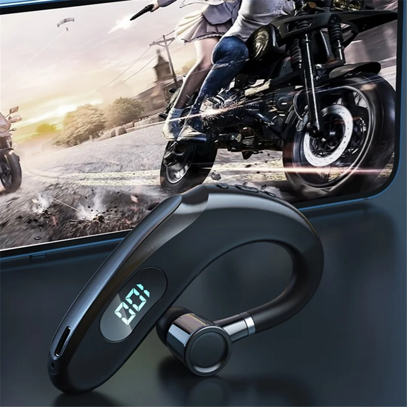 Q20 Wireless Bluetooth-compatible Headphones with LED Digital Display Single Ear Hook Earphones - Black