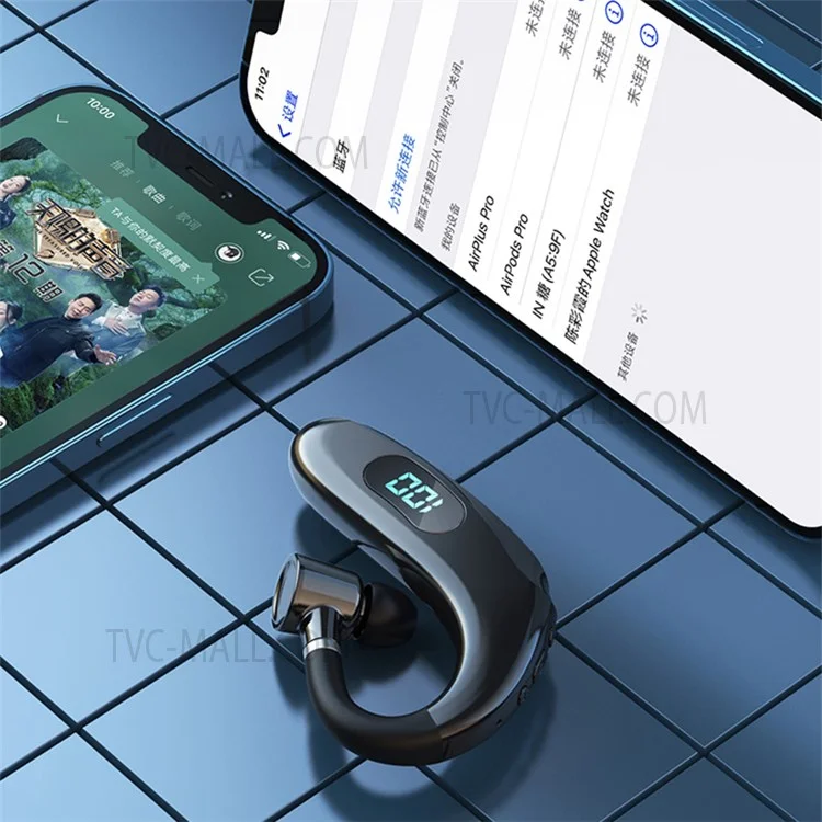 Fones de ouvido Bluetooth sem fio Q20 com display digital LED e gancho para orelha única - Branco
