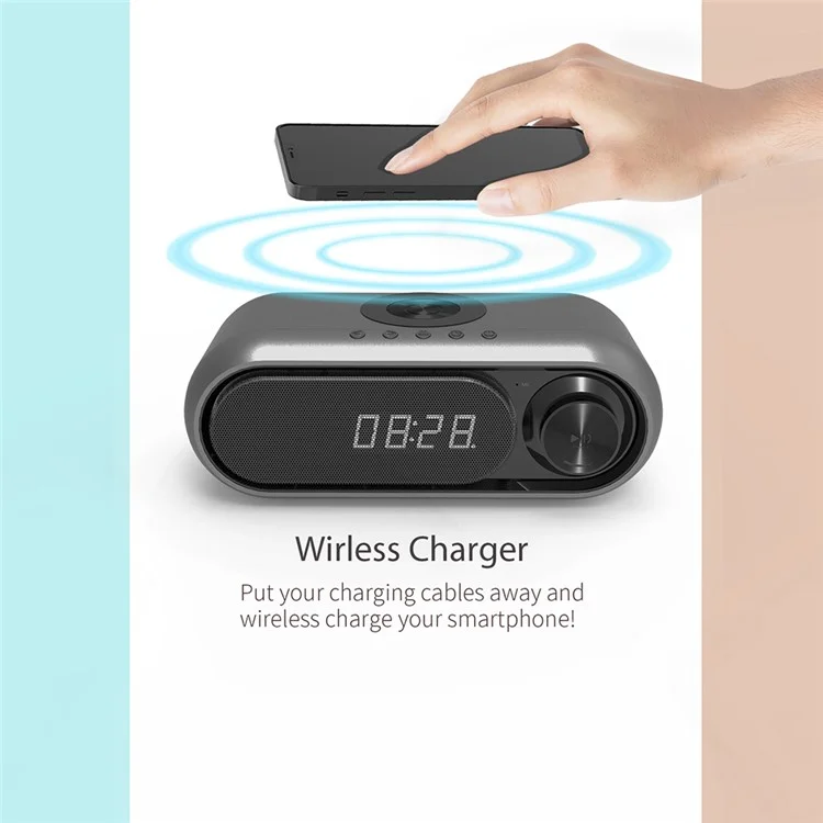WD-300 10W Phone Wireless Charger Rechargeable FM Radio Bluetooth-compatible Speaker Music Loudspeaker with Digital Alarm Clock - White