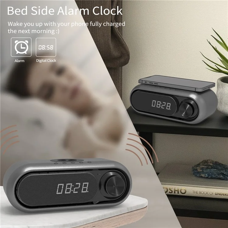 WD-300 10W Phone Wireless Charger Rechargeable FM Radio Bluetooth-compatible Speaker Music Loudspeaker with Digital Alarm Clock - White