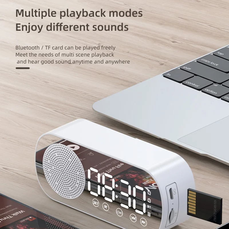 Z7 Portable Wireless Speaker Digital Bluetooth-compatible 5.0 Sound Amplifier Multifunction Mirror Alarm Clock with FM Radio Music - White