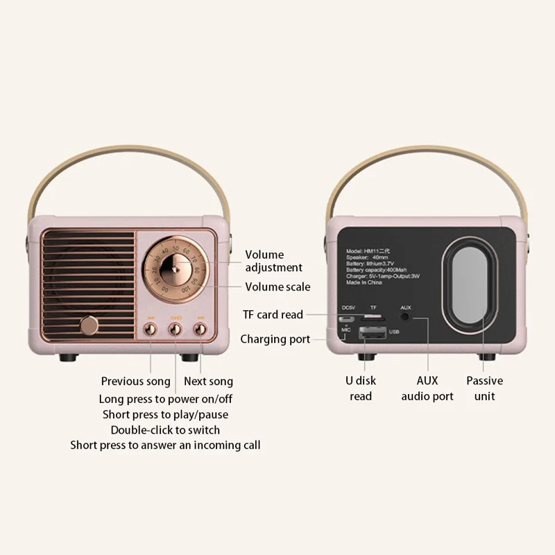 HM11 2nd Gen Retro Bluetooth-compatible Speaker Portable Wireless Speaker Support U-disk TF Card AUX - Green